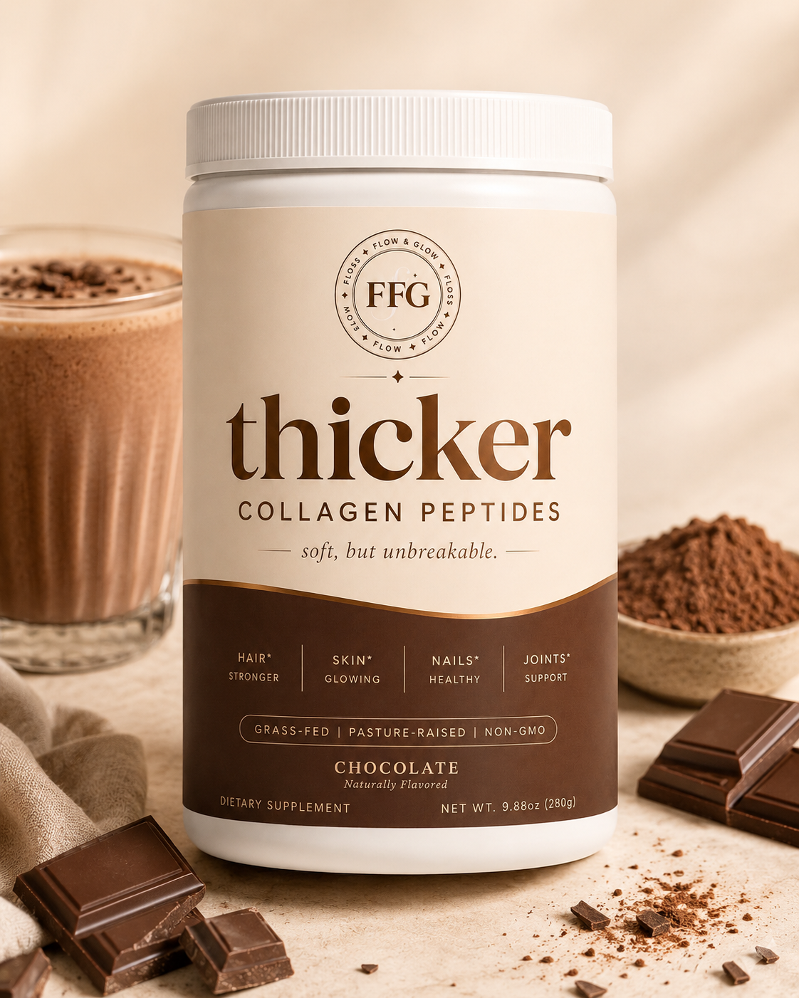 Chocolate collagen peptides styled with cacao and a glass of chocolate milk