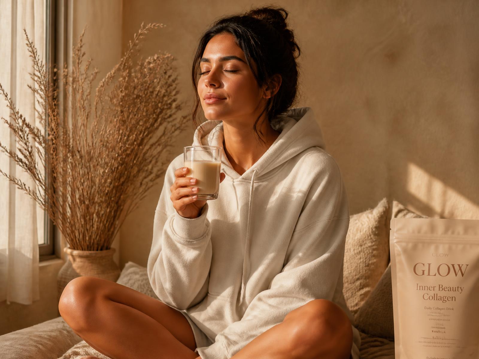 Woman in a cream hoodie sipping a collagen drink in warm morning light