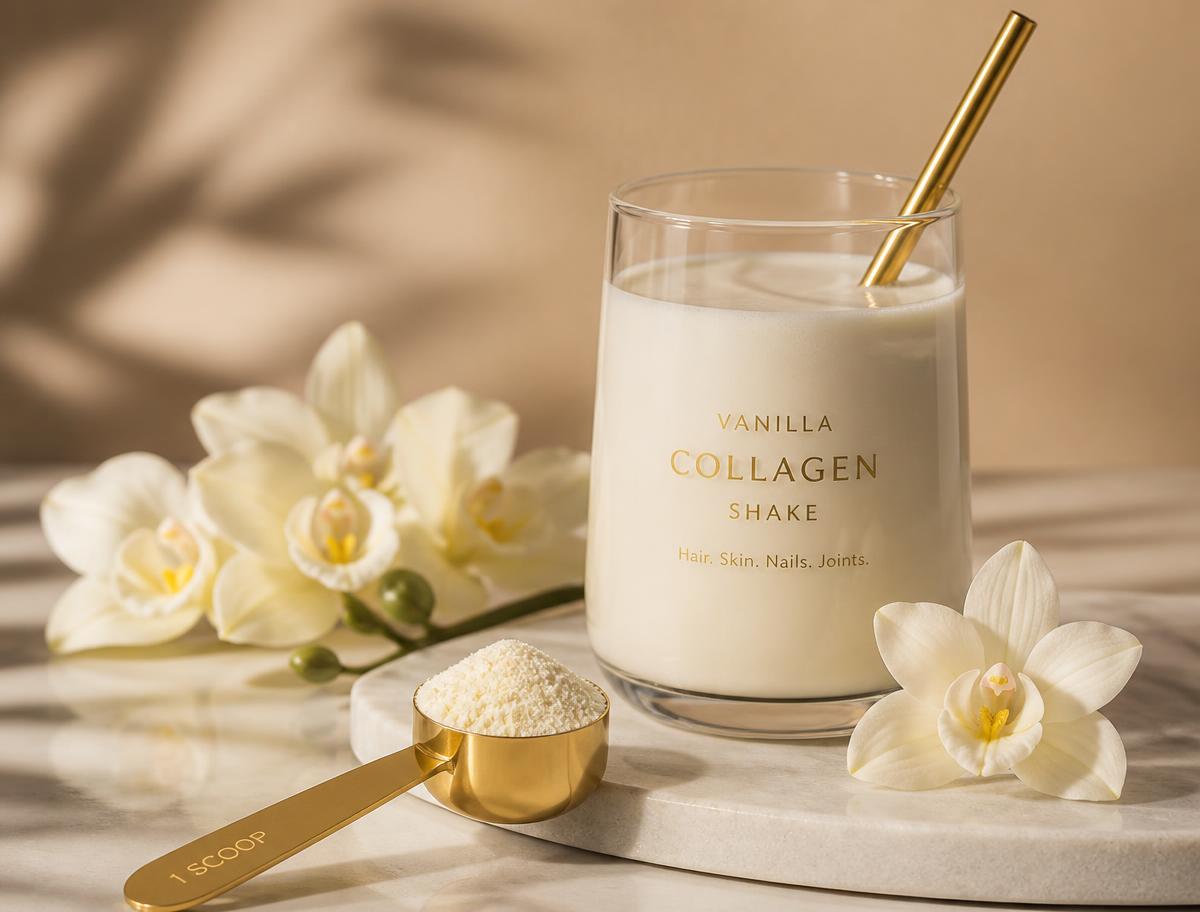 Vanilla collagen shake with a scoop of collagen powder on a marble riser